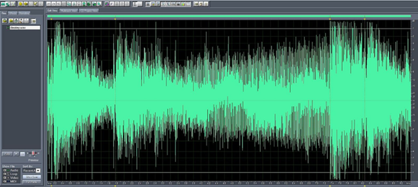 A display of an audio file showing the wave amplitudes of the sound data stored.