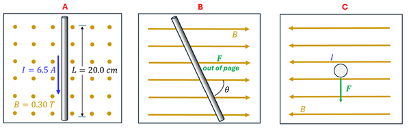 Three pictures of wires. Picture A is a wire with a current top to bottom of 6.5 amps, length of 20 cm, in a magnetic field going out of the page at 0.30 Tesla. Picture B shows a 60 cm wire with a current of 2.0 amps at an angle "Theta" in a rightward pointing magnetic field of 1.2 tesla. Scenario C shows a wire either going into or out of the page that's 0.75m, going through a leftward magnetic field of 0.050 Tesla.