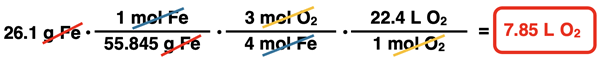 26.1 g Fe•(1 mol Fe/55.845 g Fe)•(3 O2/4 mol Fe)•(22.4 L O2/1 mol O2) =7.85 L O2