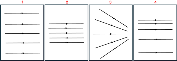 Four Magnetic Field line diagrams.  1 showing parallel lines spaced widely apart moving in the same direction.  2 Showing parallel lines closer together moving in the same direction.  3 shows Magnetic lines going straight out in an spreading fashion, and 4 showing parallel lines that are closer on the top and then spreading out further between them as you go down.