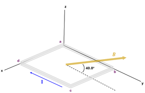 A 3D plane with z axis going up and down, x and y forming the bottom plane (will use coordinates x, y, z), and a loop of 4 wires laying on the x-y axis (being hinged to the x axis) with a being at the intersection point of the 3 dimensions (0,0,0), b laying on the y axis (0, 0.6, 0), point d lying on the x axis at (0.45, 0, 0), and the final point c being at (0.45, 0.6, 0) coordinates. A magnetic field line is shown passing through the area to along the y axis with a 40 degree angle upwards towards the z axis, and current is flowing from the direction of c to d.