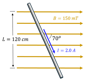 A current carrying wire with current going down and to the right at a 70 degree angle to the right, with a current of 2 amps and a length (top to bottom) of 120 cm, with a rightward magnetic field of 150 milli-Tesla.