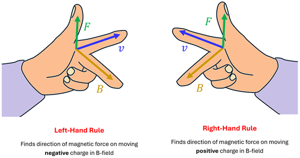 An image showing the Force-Finding Left and right hand rules. Left hand for negative charges moving in a B-Field, and right hand for positive charges moving in a B-Field.