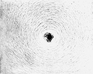 Iron filings showing a circular magnetic field around the center wire with a current.