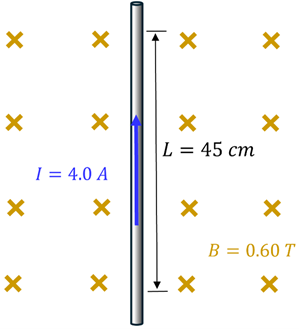 a picture showing a current carrying wire going bottom to top with 4 amps of current going to upwards and 45 cm of length with a magnetic field of 0.60 tesla.