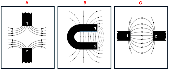 Three magnet and magnetic field line diagrams.  A with two ends of a magnet with magnetic field lines moving out and to the sides away from the magnets.  B a Horse shoe magnet with magnetic lines moving around it.  and C two magnets with magnetic lines moving in between the two magnets and around it.