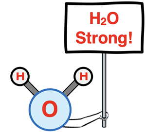 Cartoon: Picture of a water molecule holding a sign that reads "H2O Strong!"