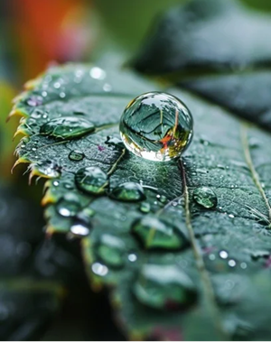A close up photo of a leaf showing water beading at some locations and forming a full spherical drop at other locations.