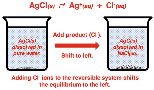 Beaker diagram depicting the LeChatelier shift that occurs when a common ion is added to a solution of an insoluble salt in equilibrium with its ions.
